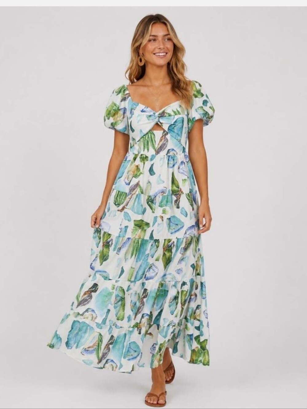 S. Deer Tie-Front Green & Blue Floral Maxi Dress, NWT